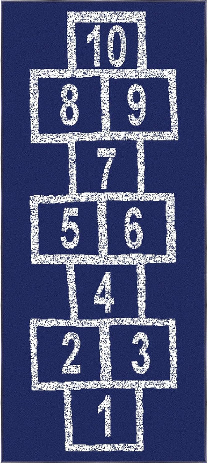 2'7" X 6' Hopscotch Kids Rug - Play Mat for Playroom, Bedroom, Daycare & Classroom - Fun & Interactive Game Carpet - Durable and Non-Slip - Perfect for Learning & High-Traffic Areas, Navy