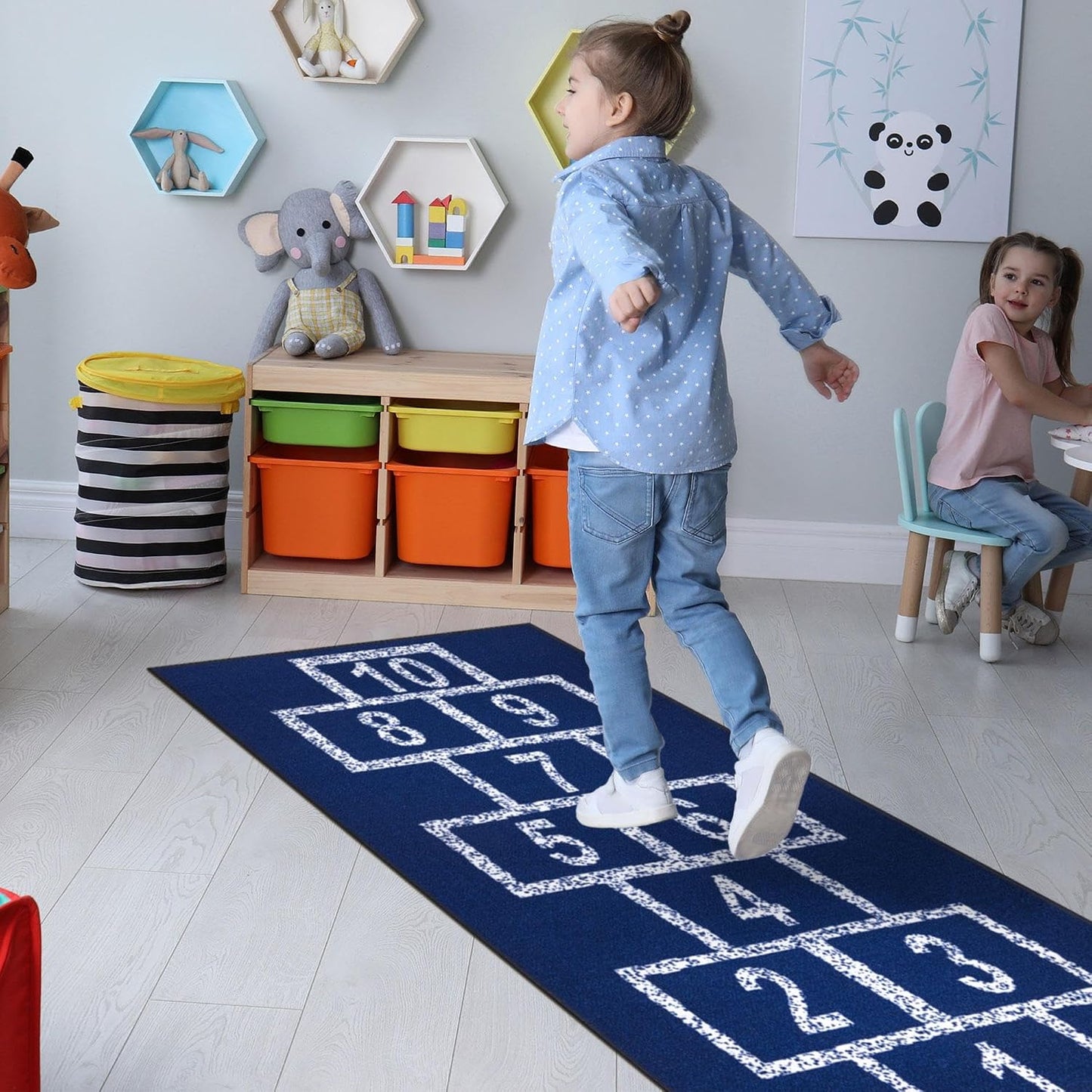 2'7" X 6' Hopscotch Kids Rug - Play Mat for Playroom, Bedroom, Daycare & Classroom - Fun & Interactive Game Carpet - Durable and Non-Slip - Perfect for Learning & High-Traffic Areas, Navy