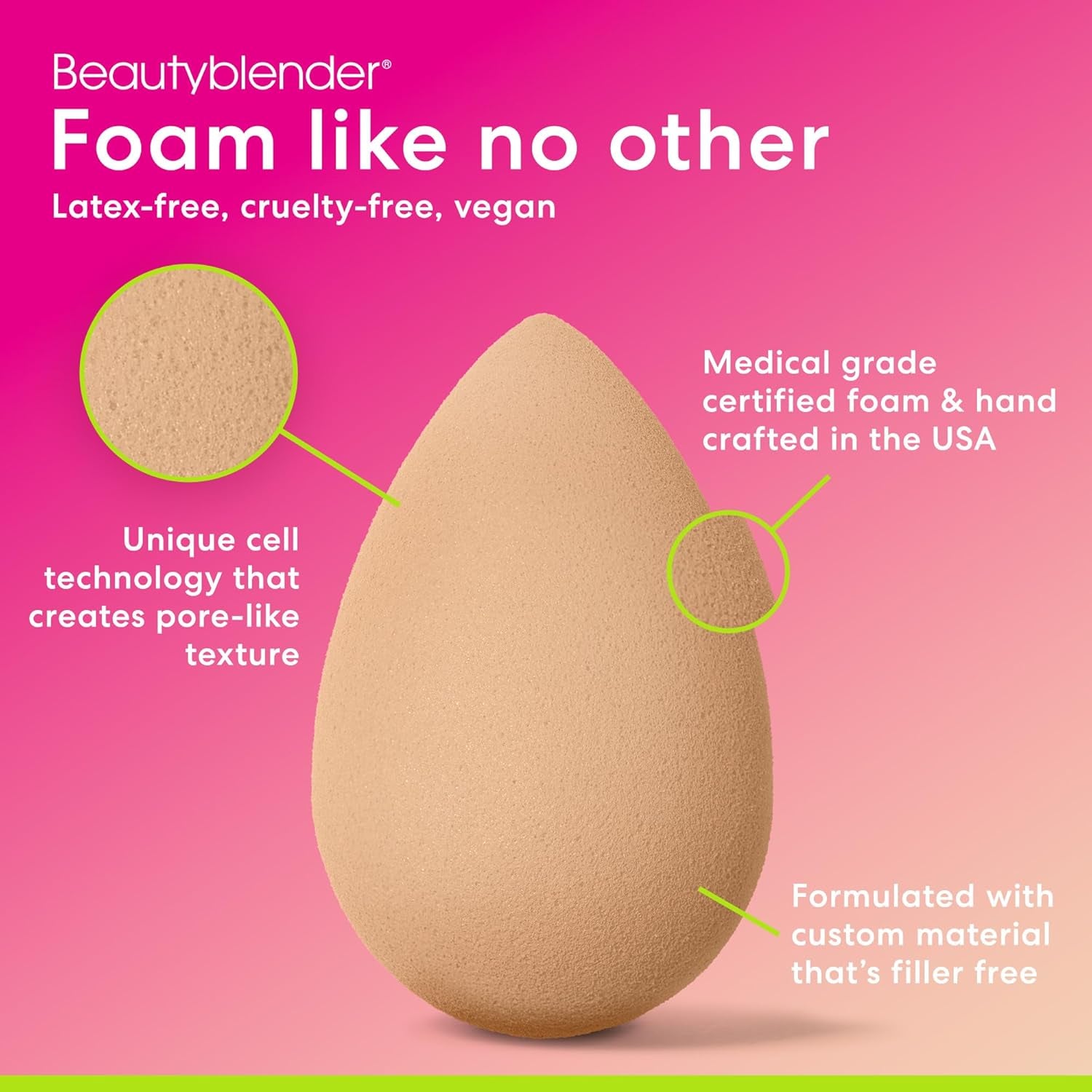 ® Nude Beauty Blender Makeup Sponge, Super-Soft Foam Easily Blends Foundations, Powders & Creams, Made in USA, Reusable, Washable, Streak Free Application