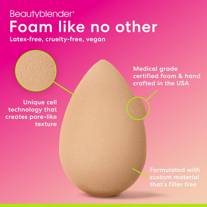 ® Nude Beauty Blender Makeup Sponge, Super-Soft Foam Easily Blends Foundations, Powders & Creams, Made in USA, Reusable, Washable, Streak Free Application